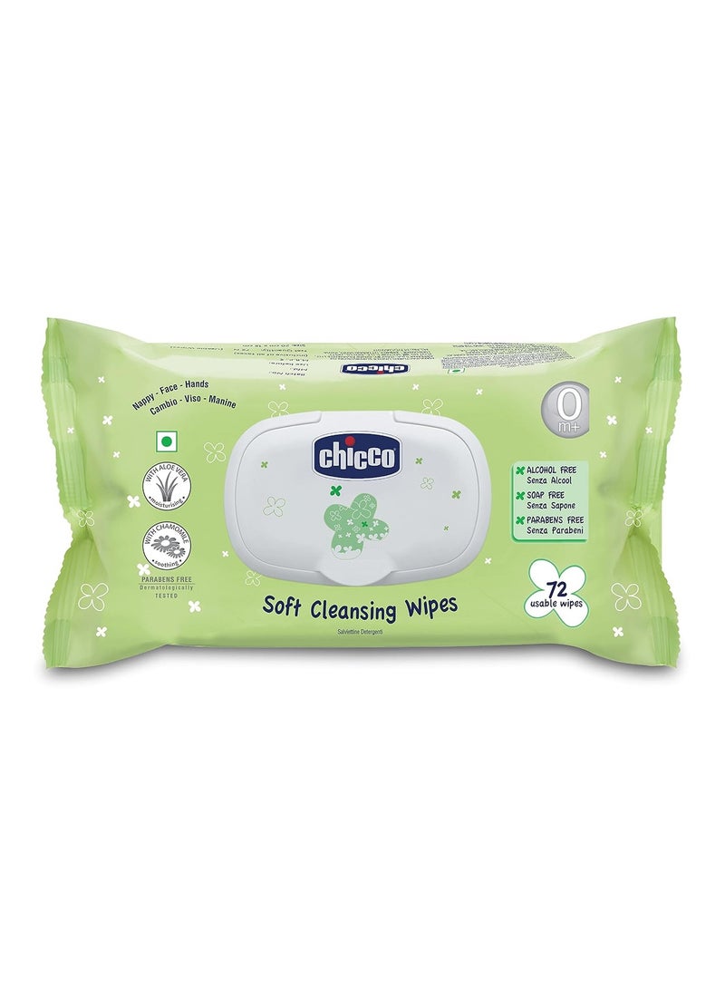 Chicco Baby Moments Soft Cleansing Baby Wipes, Ideal for Nappy, Face and Hand, Dermatologically Tested, Paraben Free, Fliptop Pack (72 Sheets), White - Image 1